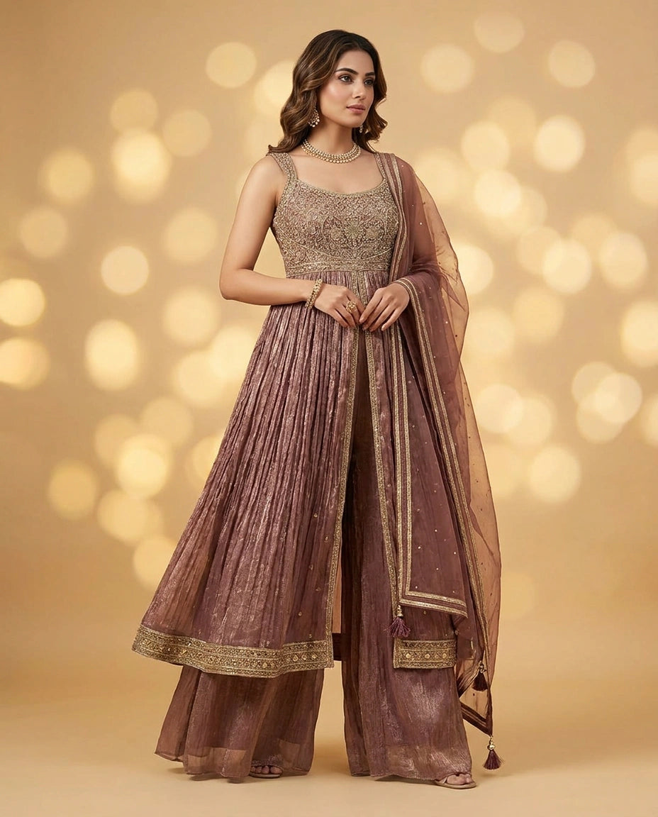 Mauve Crush Tissue Front-Slit Suit with Front Slit - Rangoli India