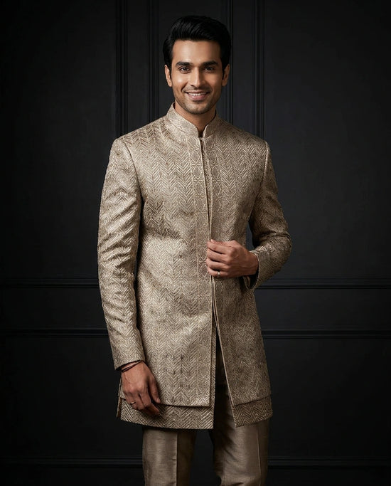 Men's Beige Tissue Indo Western Set