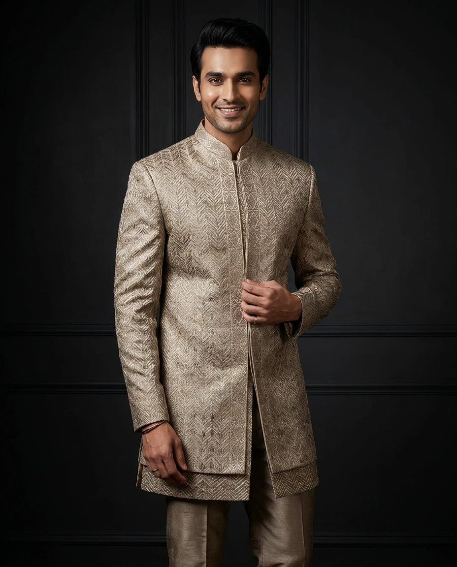 Men's Beige Tissue Indo Western Set