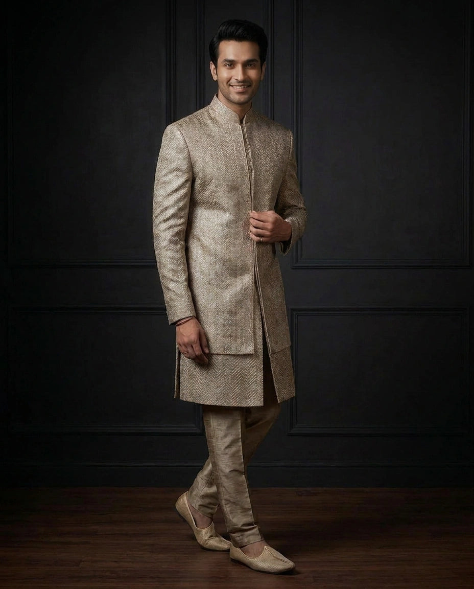 Men's Beige Tissue Indo Western Set — photo 3 of 4