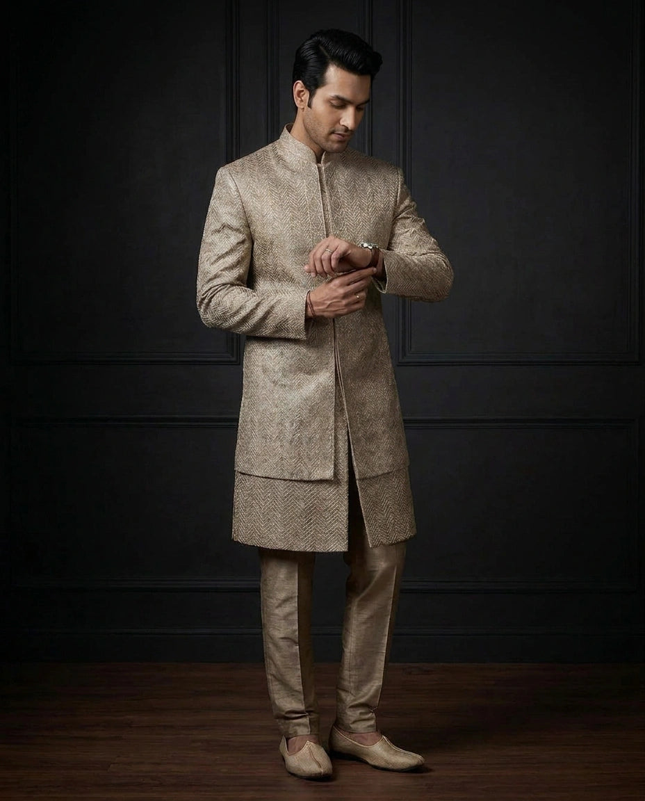 Men's Beige Tissue Indo Western Set — photo 4 of 4