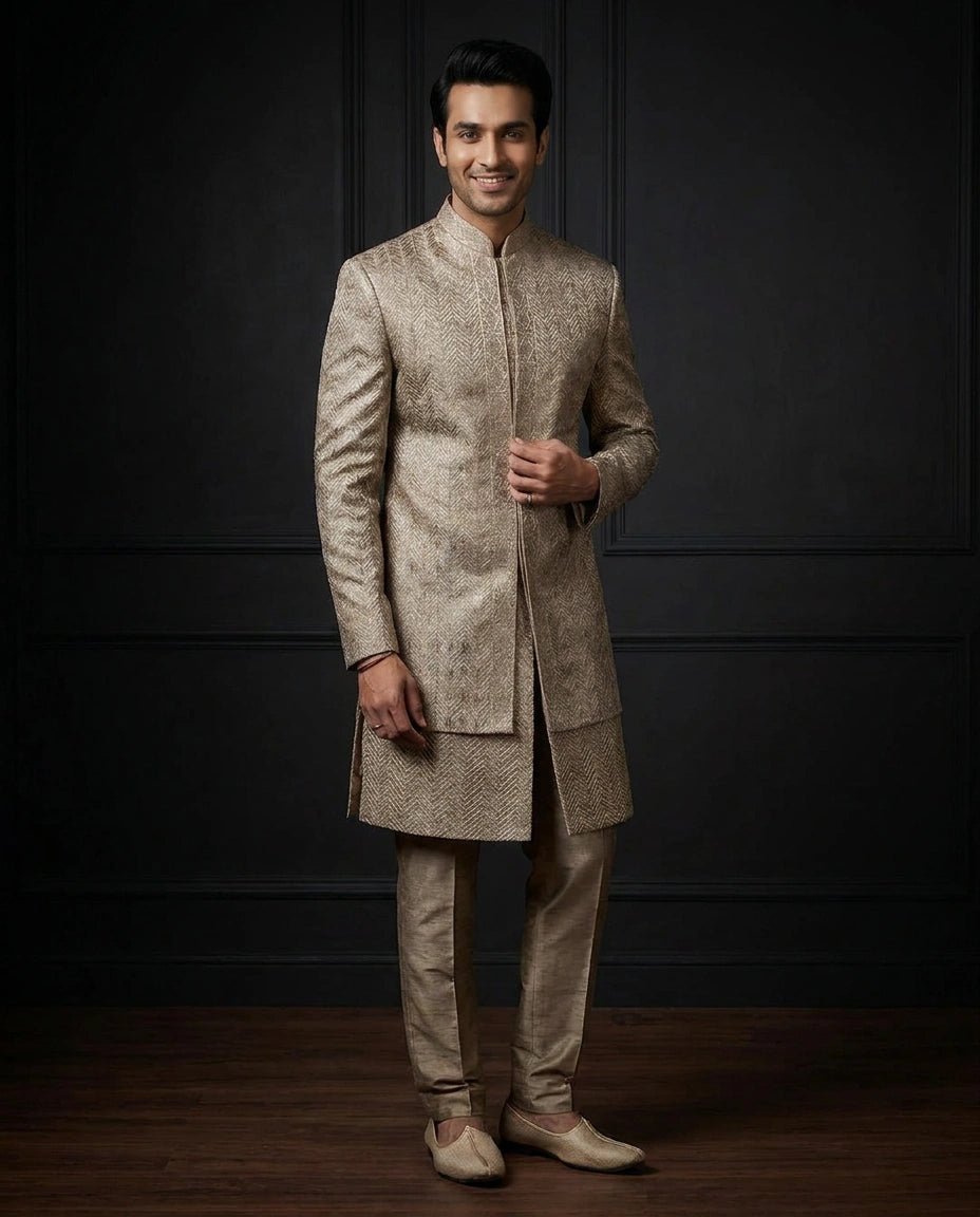 Men's Beige Tissue Indo Western Set — photo 2 of 4