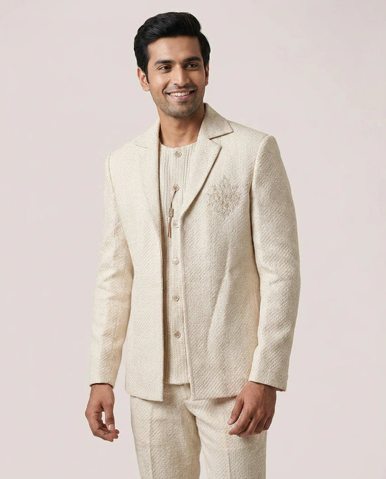 Beige Jute Linen Sherwani Embroidery - Rangoli India