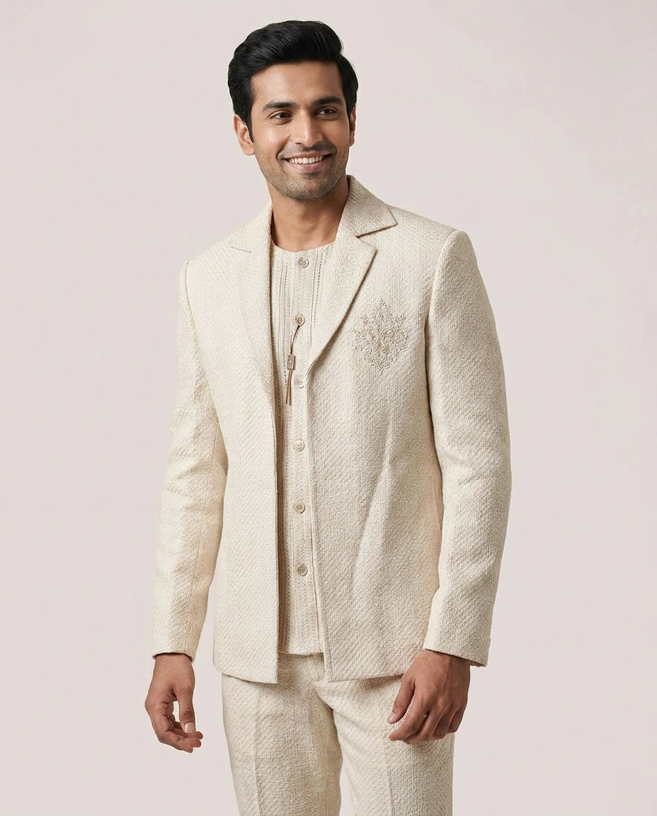 Beige Jute Linen Sherwani Embroidery - Rangoli India
