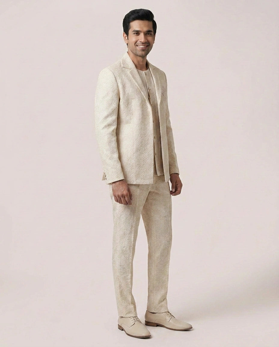 Beige Jute Linen Sherwani Embroidery - Rangoli India