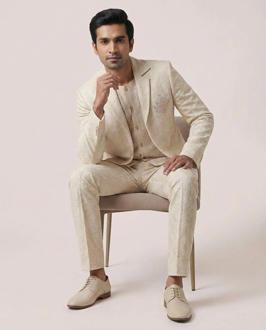 Beige Jute Linen Sherwani Embroidery - Rangoli India