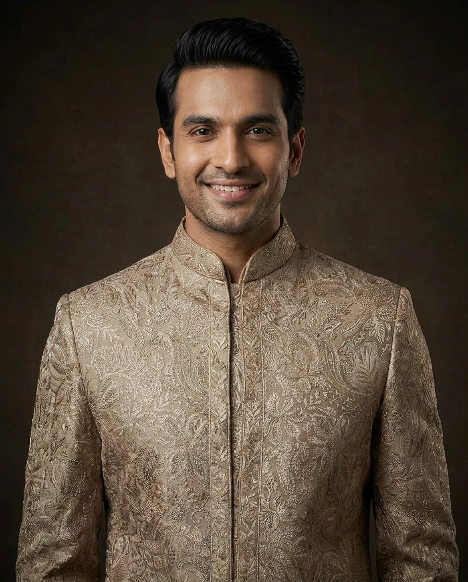 Men's Beige Tissue Indo Western