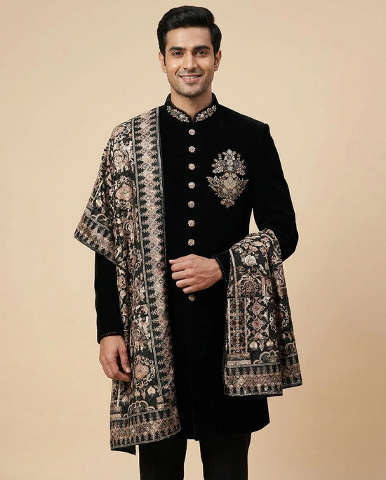 Velvet Indowestern Jacket with Embellished Placket - Rangoli India