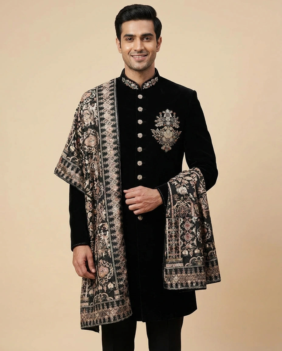 Velvet Indowestern Jacket with Embellished Placket - Rangoli India