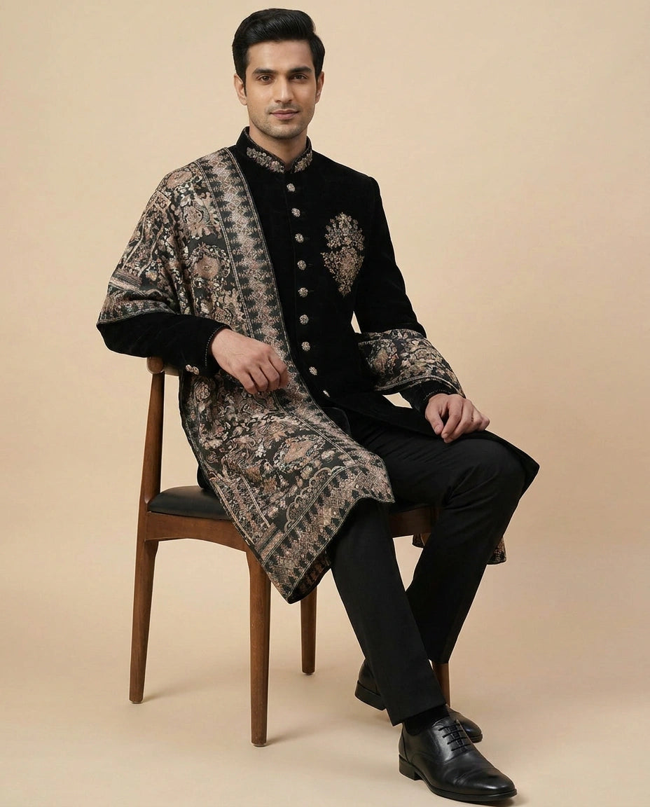 Velvet Indowestern Jacket with Embellished Placket - Rangoli India