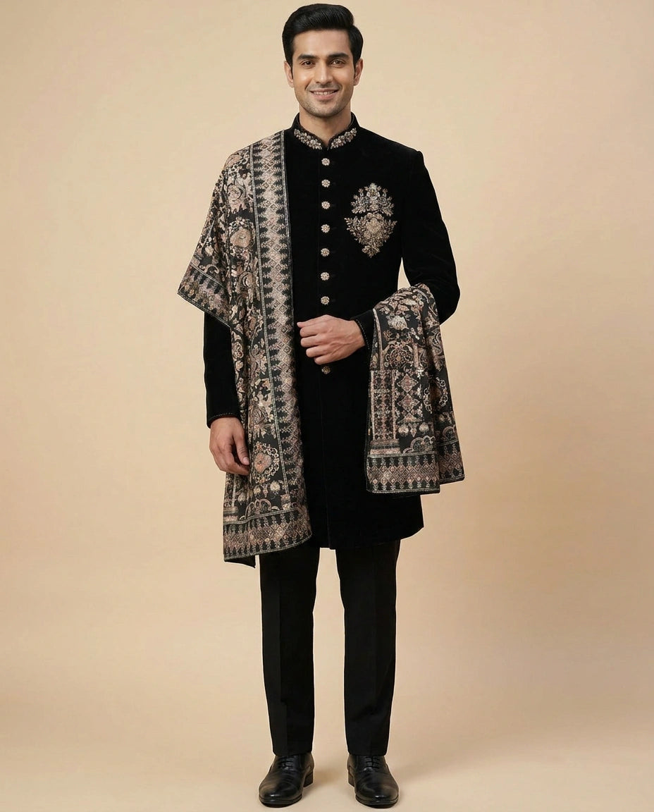 Velvet Indowestern Jacket with Embellished Placket - Rangoli India