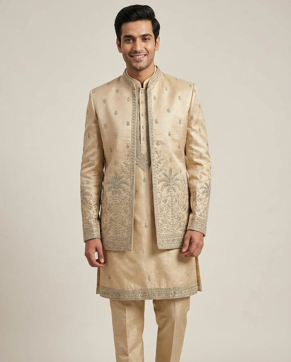 Beige Tussar Silk Indo Western - Rangoli India