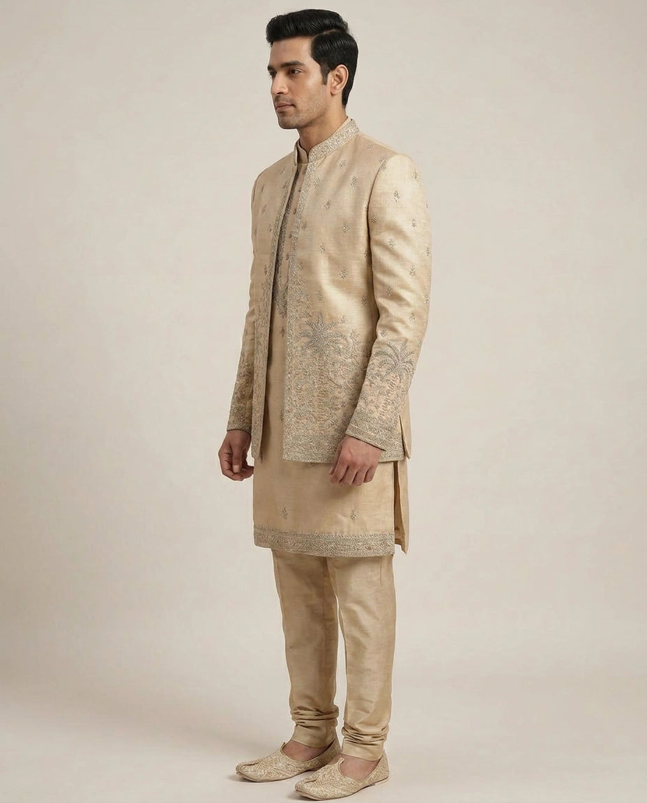 Beige Tussar Silk Indo Western - Rangoli India