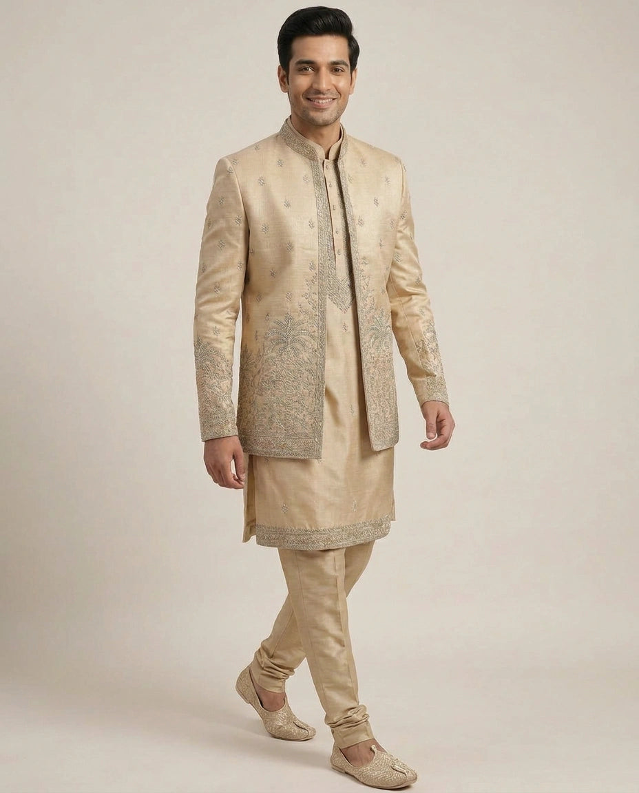 Beige Tussar Silk Indo Western - Rangoli India