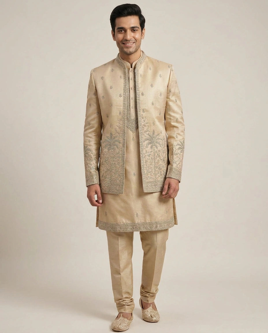 Beige Tussar Silk Indo Western - Rangoli India