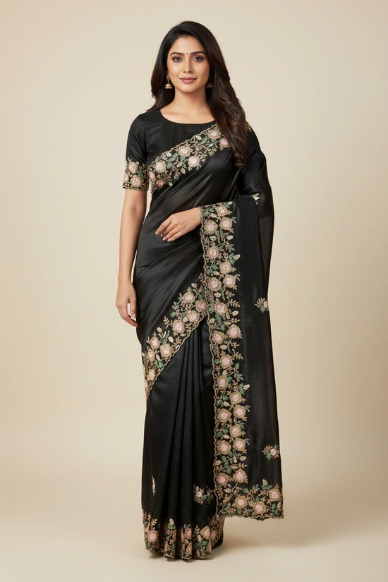 Embroidered Crepe Silk Saree with Designer Work - silk Indian ethnic wear by Rangoli