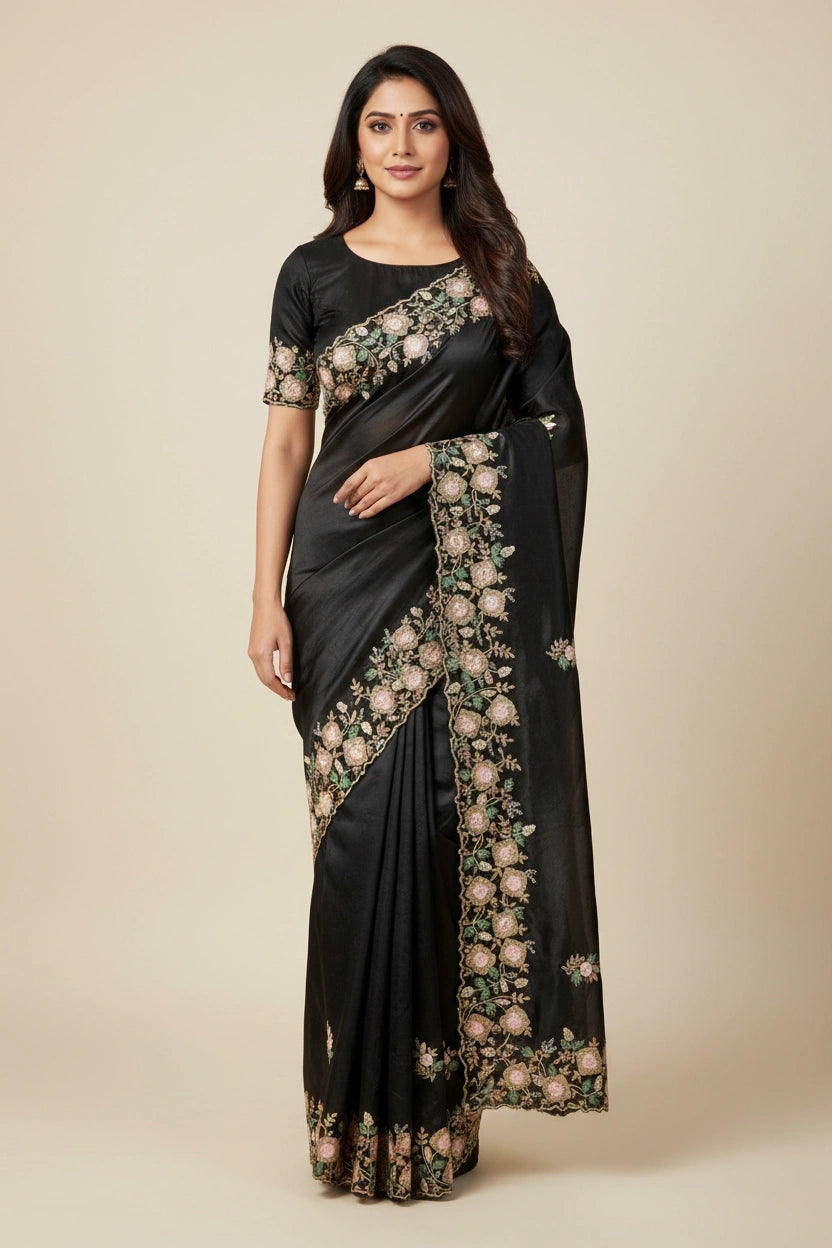 Embroidered Crepe Silk Saree with Designer Work