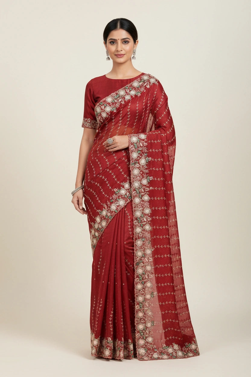 Embroidered Crepe Silk Saree with Designer Work - silk Indian ethnic wear by Rangoli