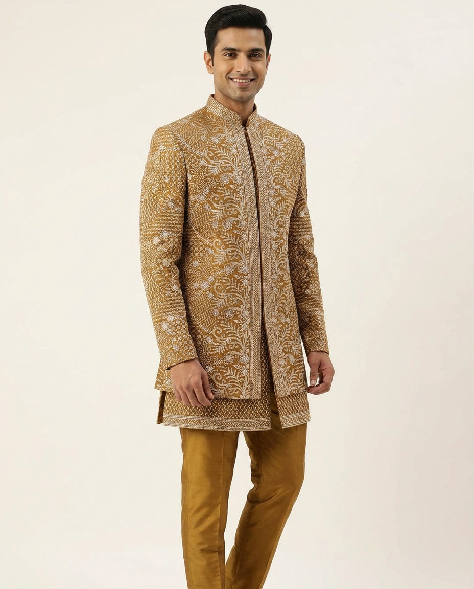 Mustard Indowestern Jacket in Chinon - Rangoli India