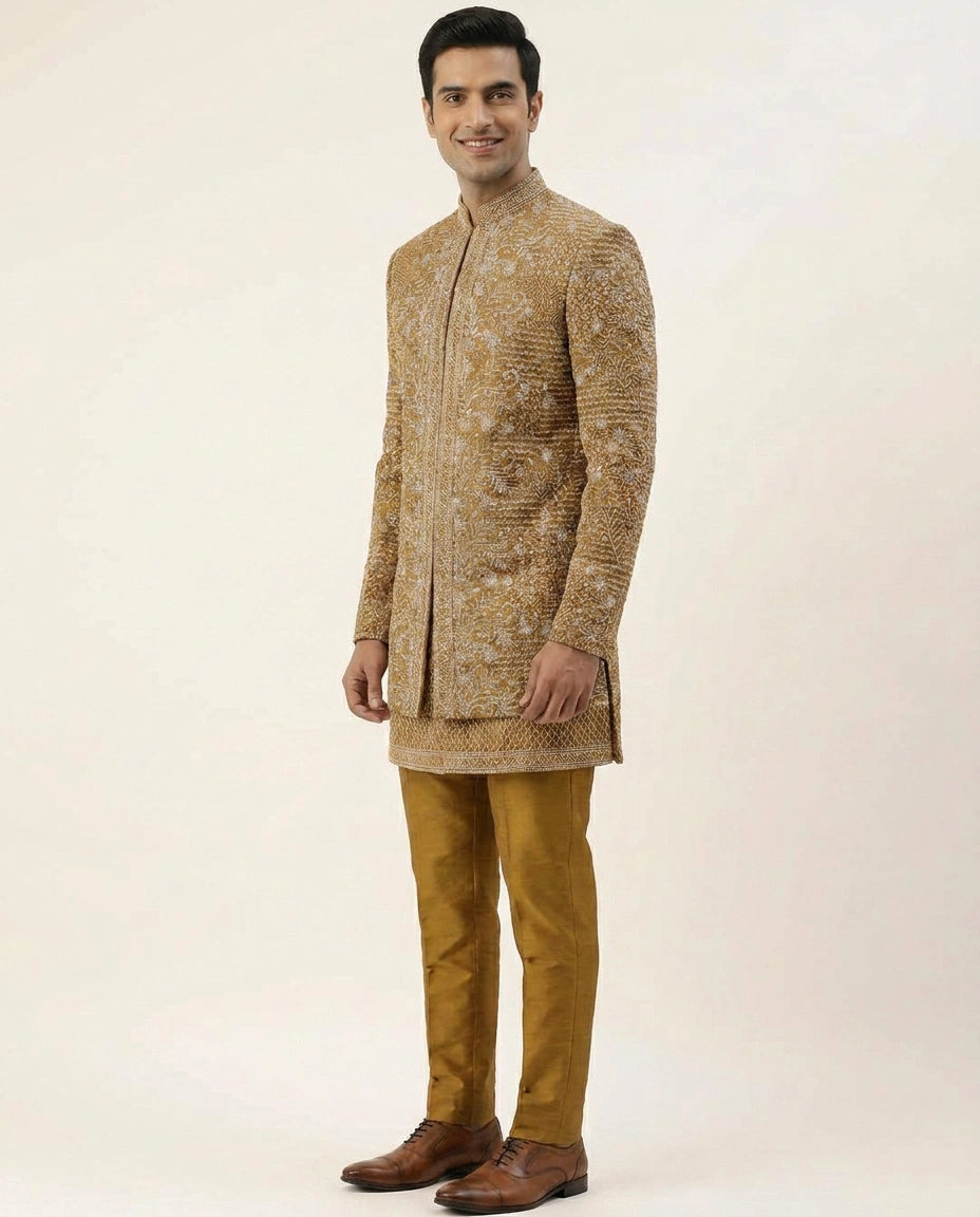 Mustard Indowestern Jacket in Chinon - Rangoli India