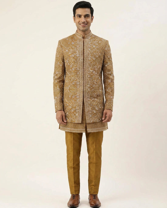 Mustard Indowestern Jacket in Chinon - Rangoli India