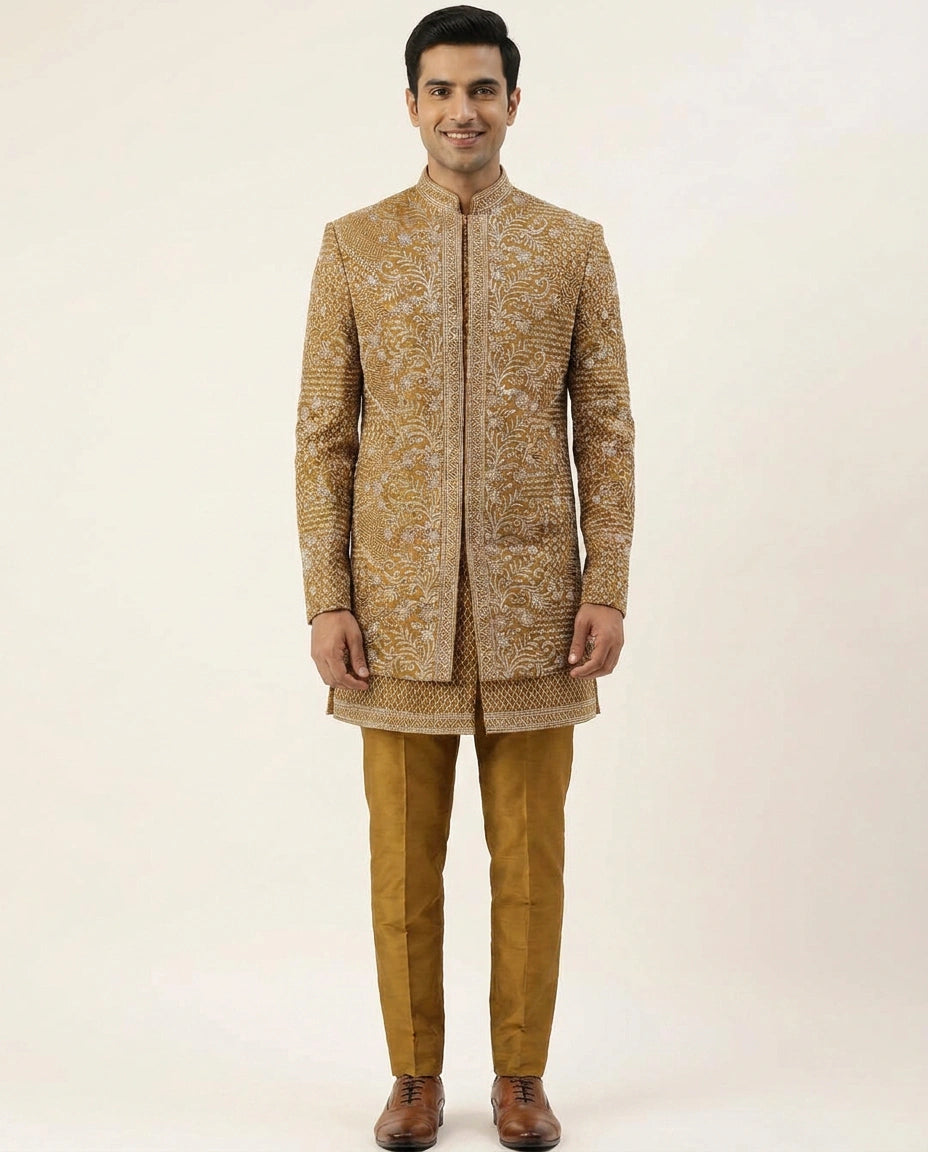 Mustard Indowestern Jacket in Chinon - Rangoli India
