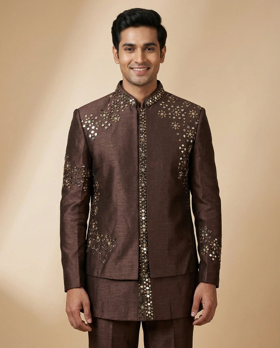 Brown Tussar Silk Indowestern Jacket - Rangoli India
