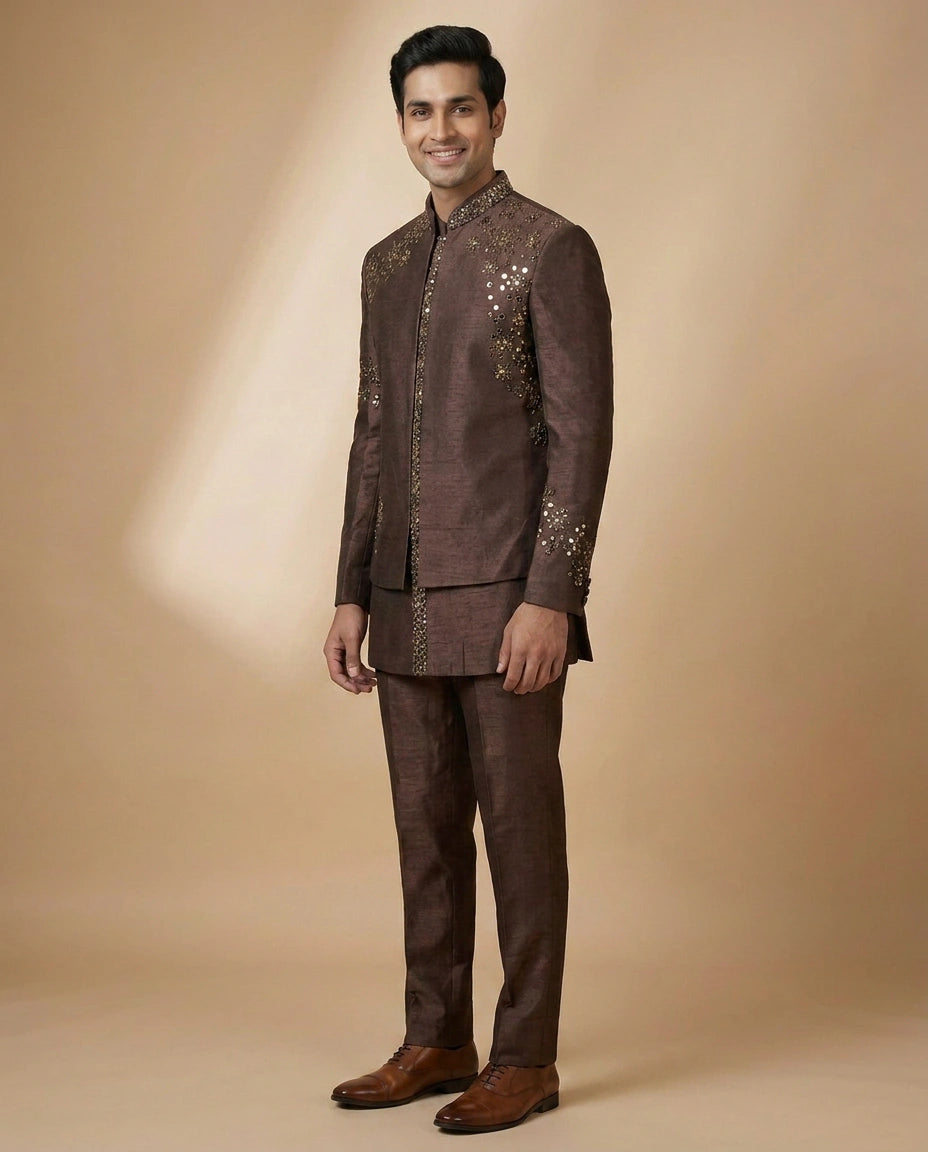 Brown Tussar Silk Indowestern Jacket - Rangoli India