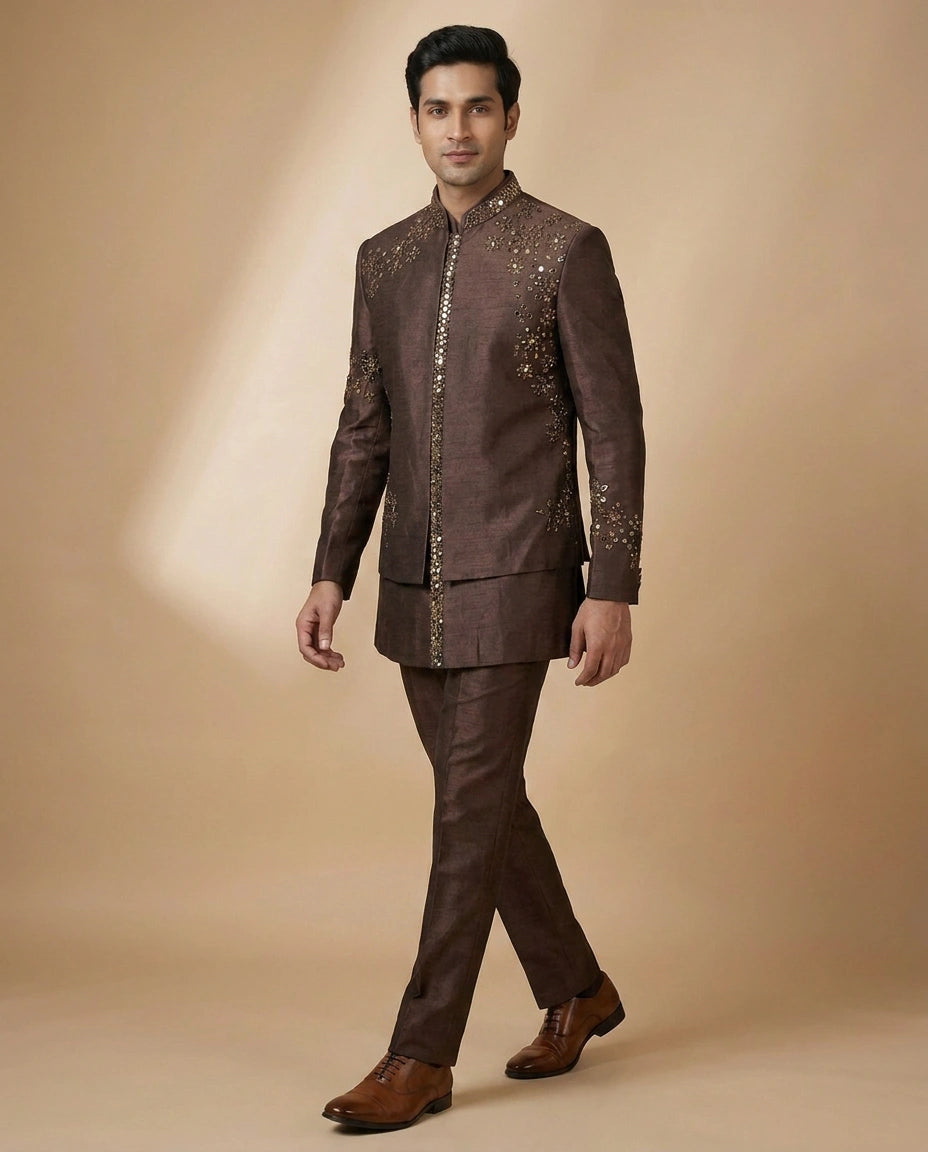 Brown Tussar Silk Indowestern Jacket - Rangoli India