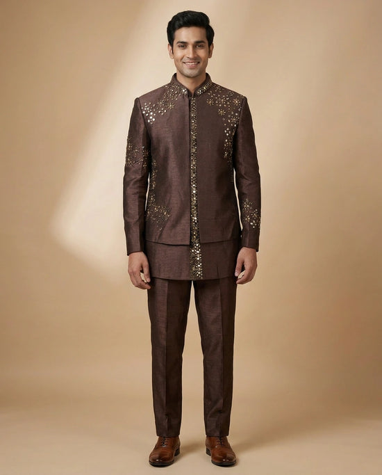 Brown Tussar Silk Indowestern Jacket - Rangoli India