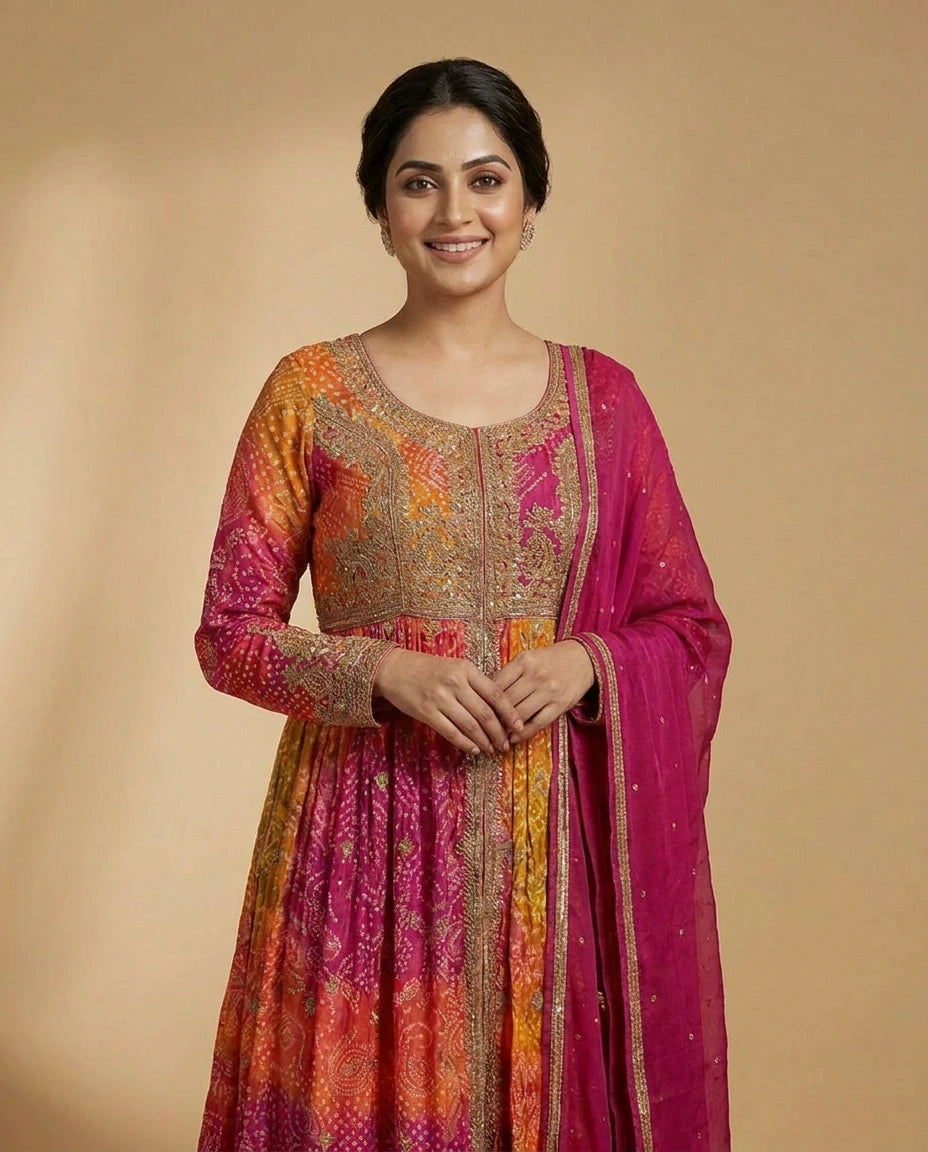 Fuchsia Pink Front Slit Co-ord Set Suit in Chinon - Rangoli India
