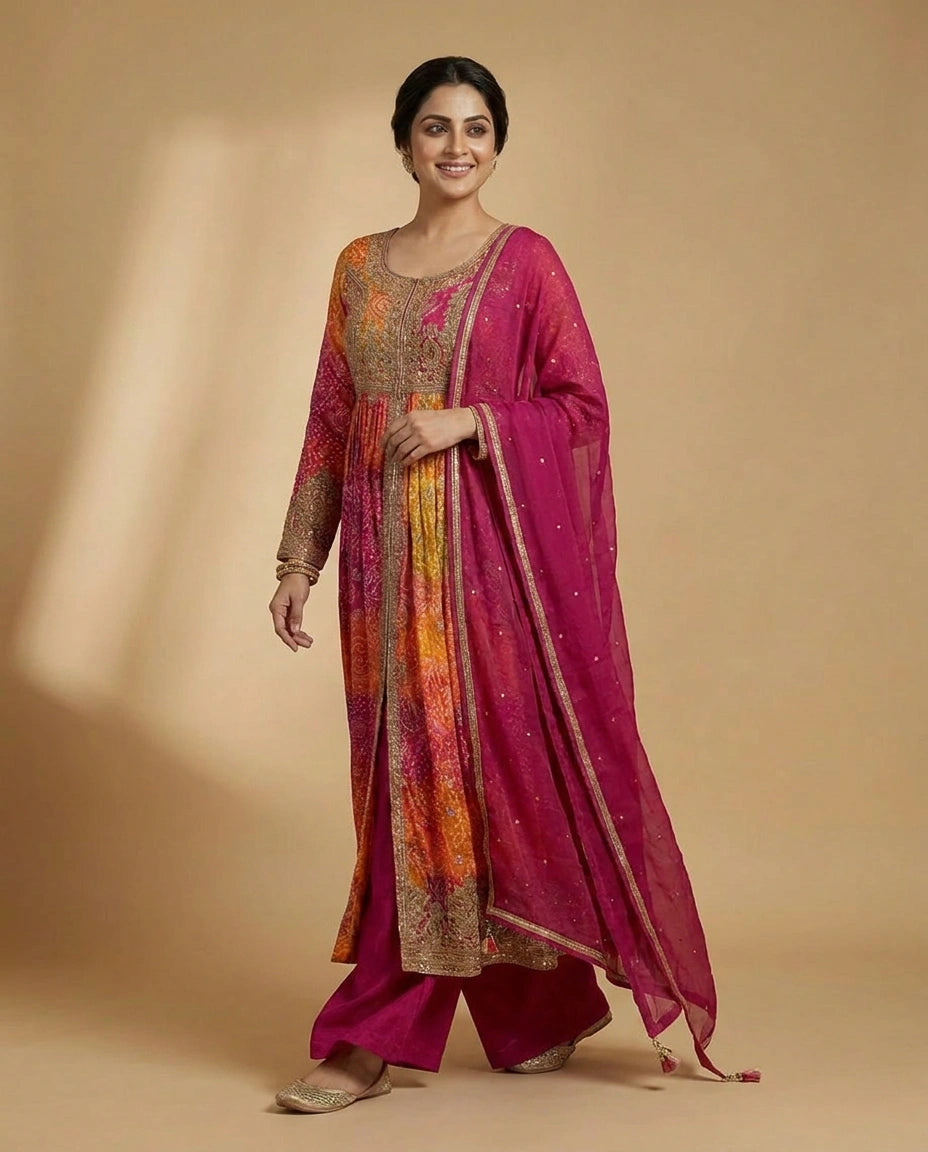 Fuchsia Pink Front Slit Co-ord Set Suit in Chinon - Rangoli India