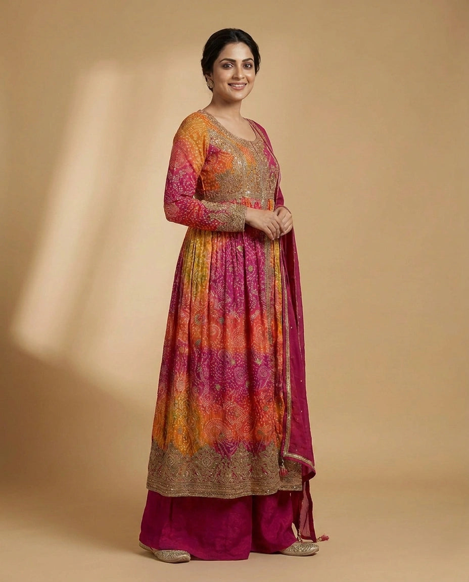 Fuchsia Pink Front Slit Co-ord Set Suit in Chinon - Rangoli India