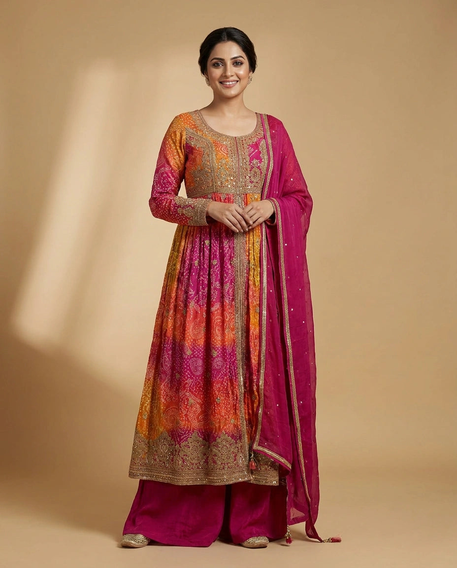 Fuchsia Pink Front Slit Co-ord Set Suit in Chinon - Rangoli India