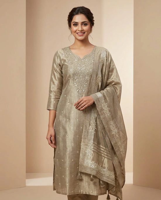 Beige Tissue Straight Suit - Rangoli India