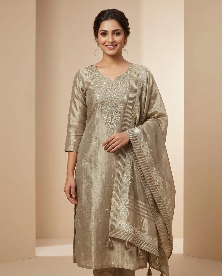 Beige Tissue Straight Suit - Rangoli India