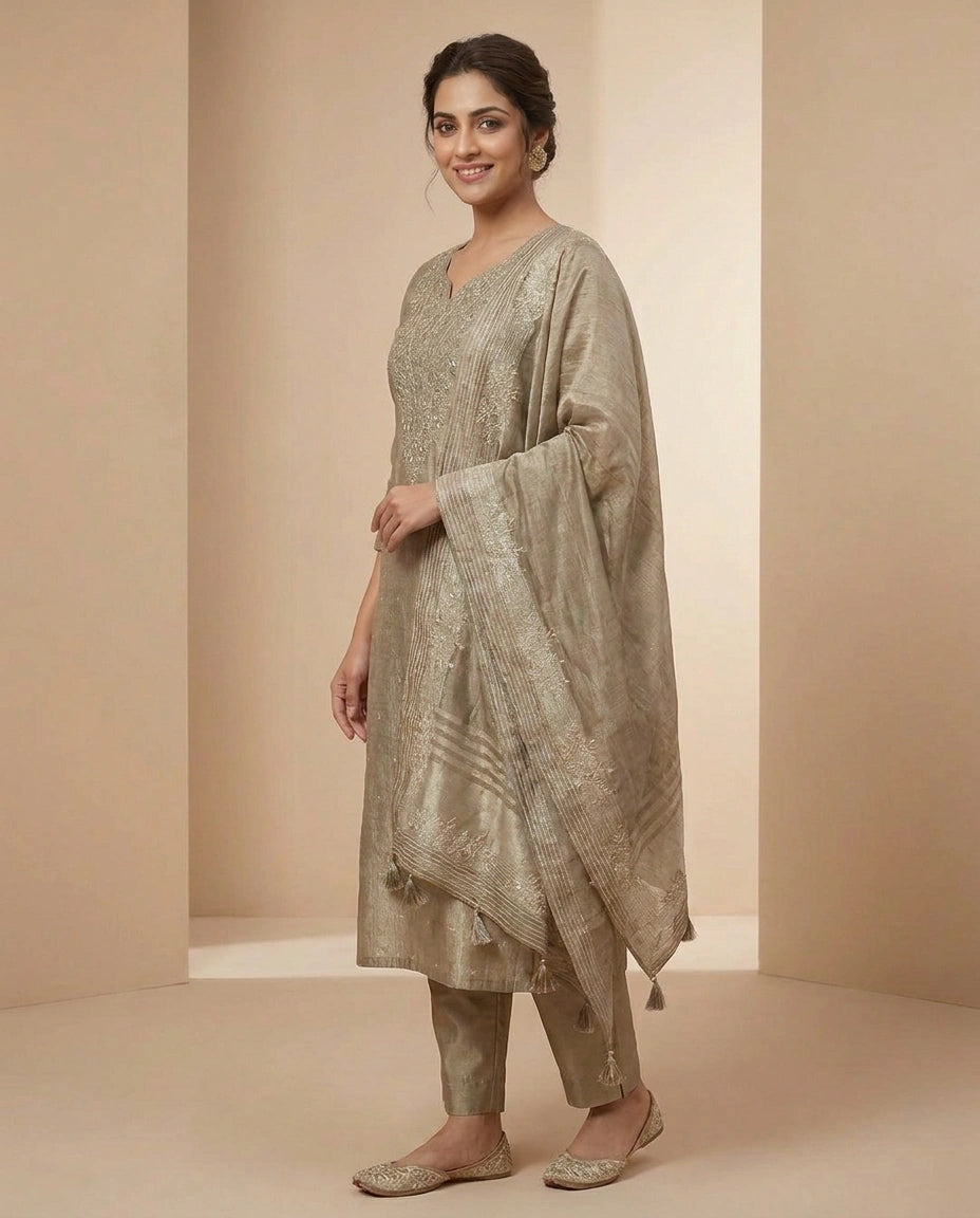 Beige Tissue Straight Suit - Rangoli India