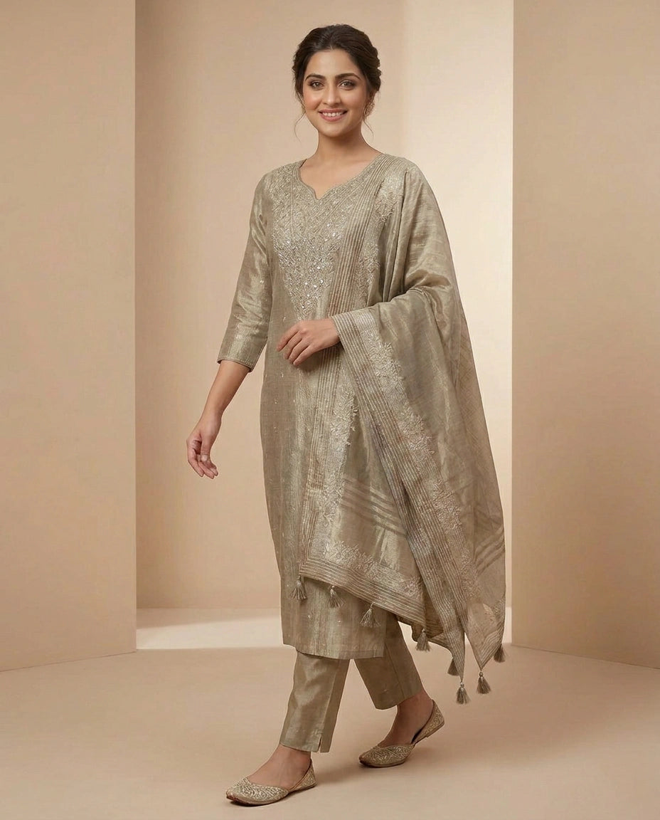Beige Tissue Straight Suit - Rangoli India