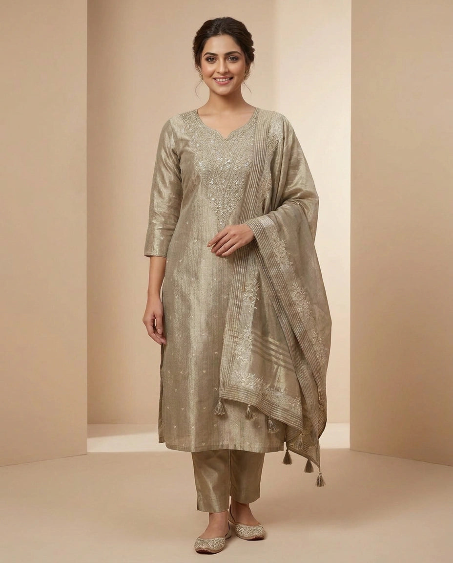Beige Tissue Straight Suit - Rangoli India