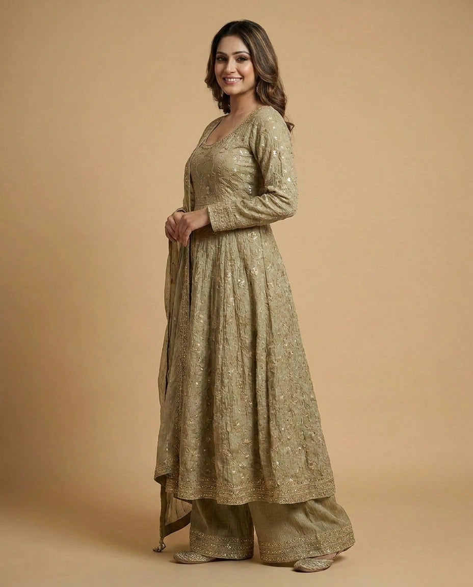 Crushed Tissue Straight Suit with Resham Thread Embroidery - Rangoli India
