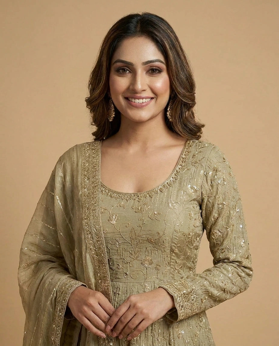 Crushed Tissue Straight Suit with Resham Thread Embroidery - Rangoli India
