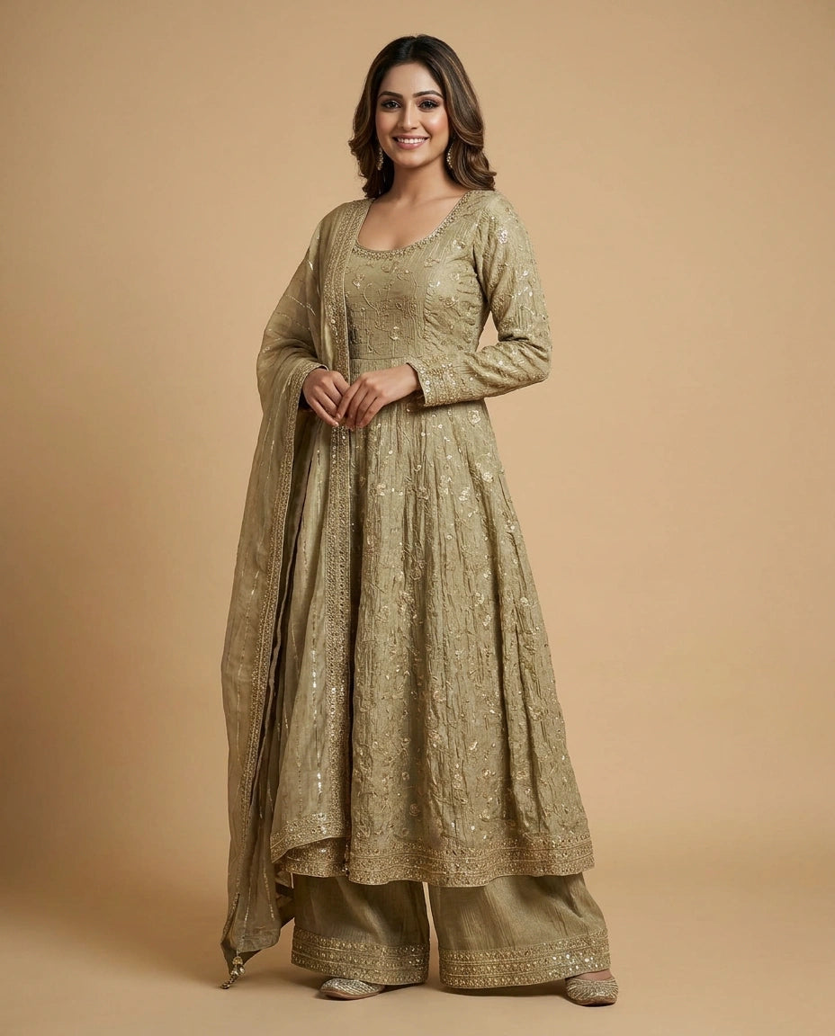 Crushed Tissue Straight Suit with Resham Thread Embroidery - Rangoli India