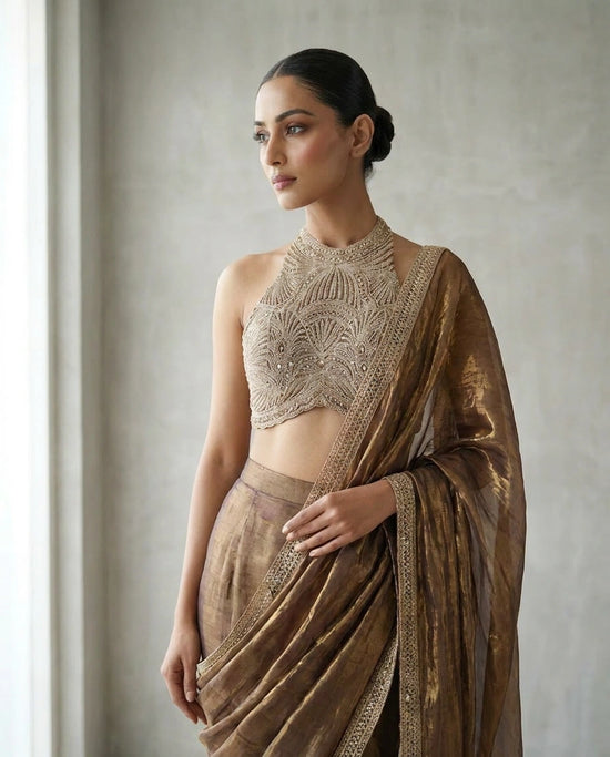 Tissue Designer Saree with Aari Embroidered Pallu Online India - Rangoli India