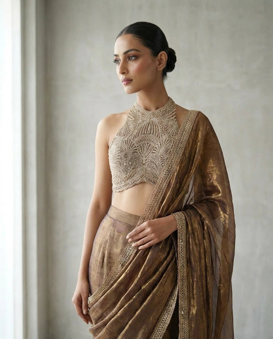 Tissue Designer Saree with Aari Embroidered Pallu Online India - Rangoli India