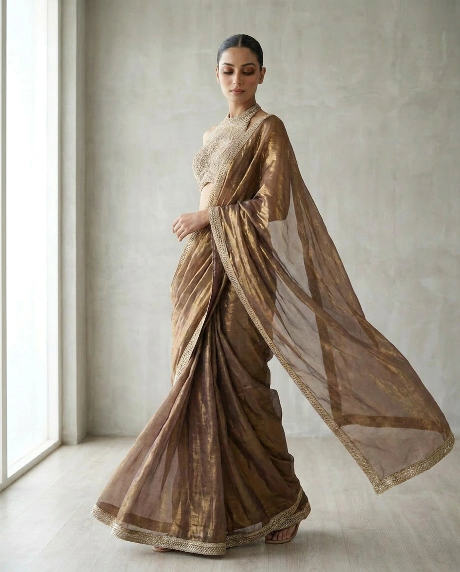 Tissue Designer Saree with Aari Embroidered Pallu Online India - Rangoli India