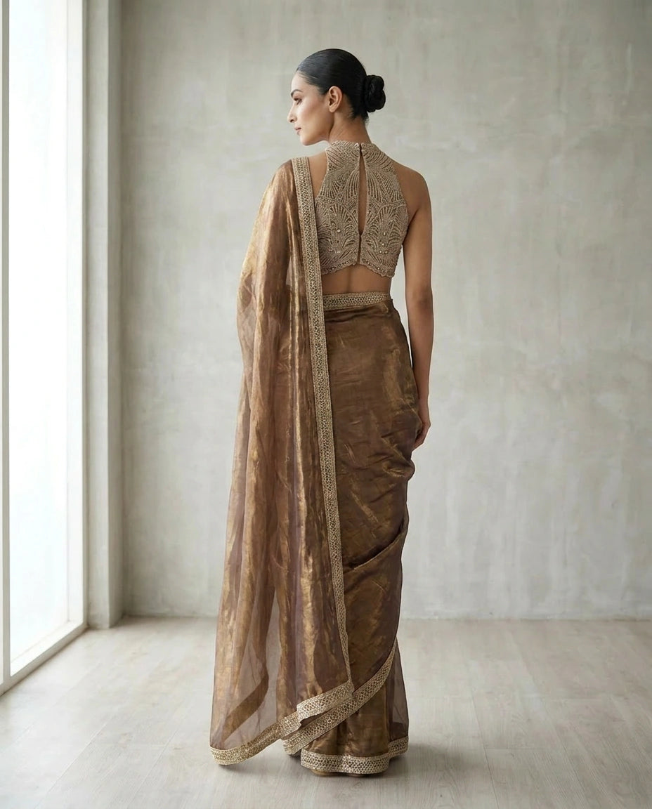 Tissue Designer Saree with Aari Embroidered Pallu Online India - Rangoli India
