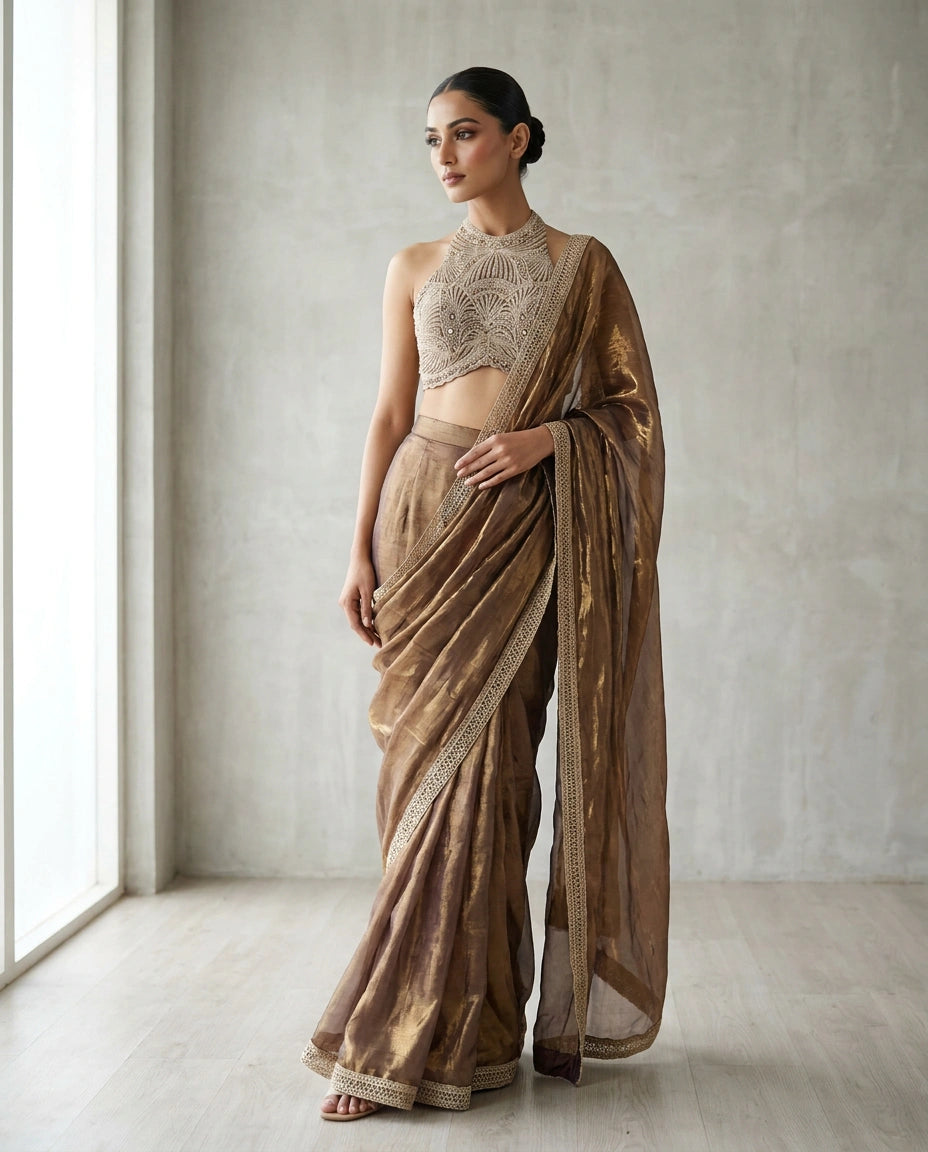 Tissue Designer Saree with Aari Embroidered Pallu Online India - Rangoli India