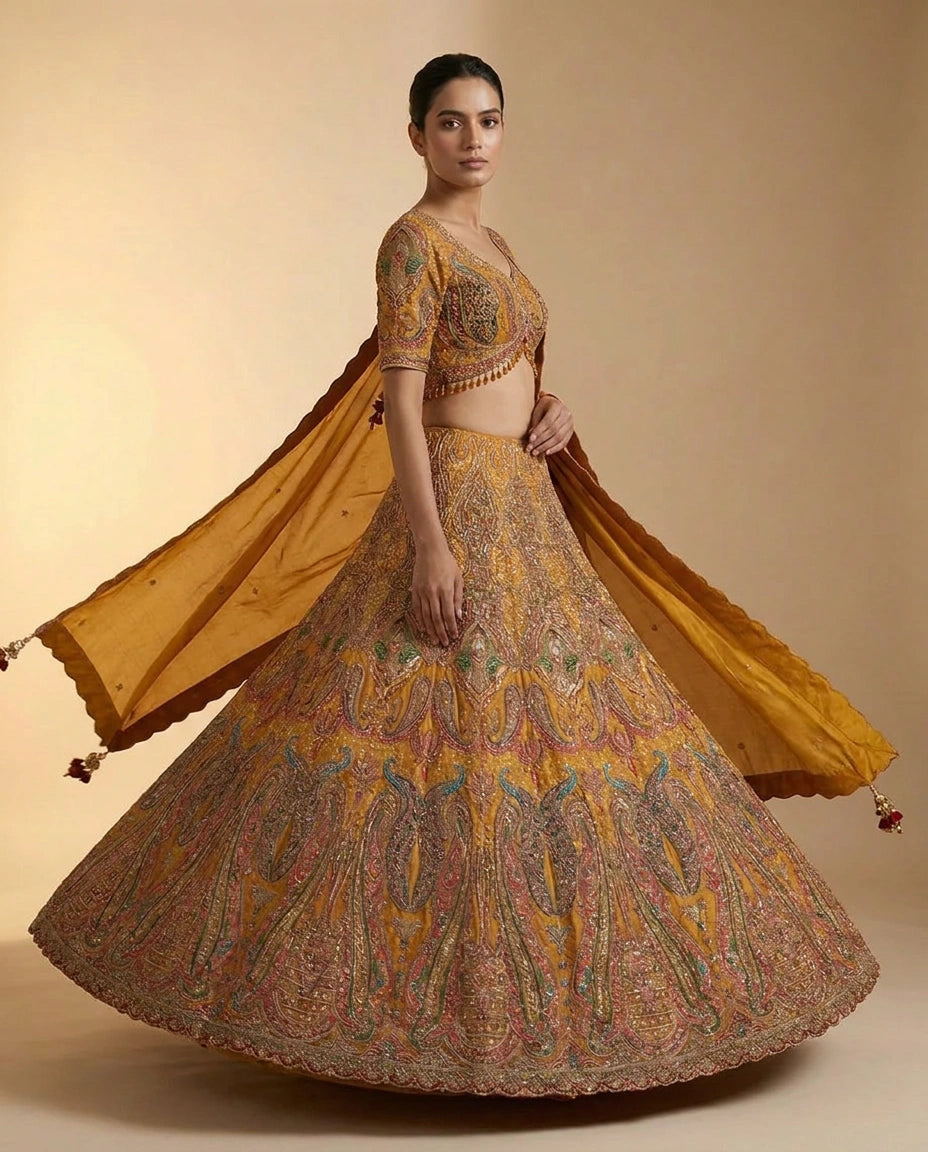 Raw Silk Croptop Lehenga with Hand Embroidered Bodice for Women - Rangoli India
