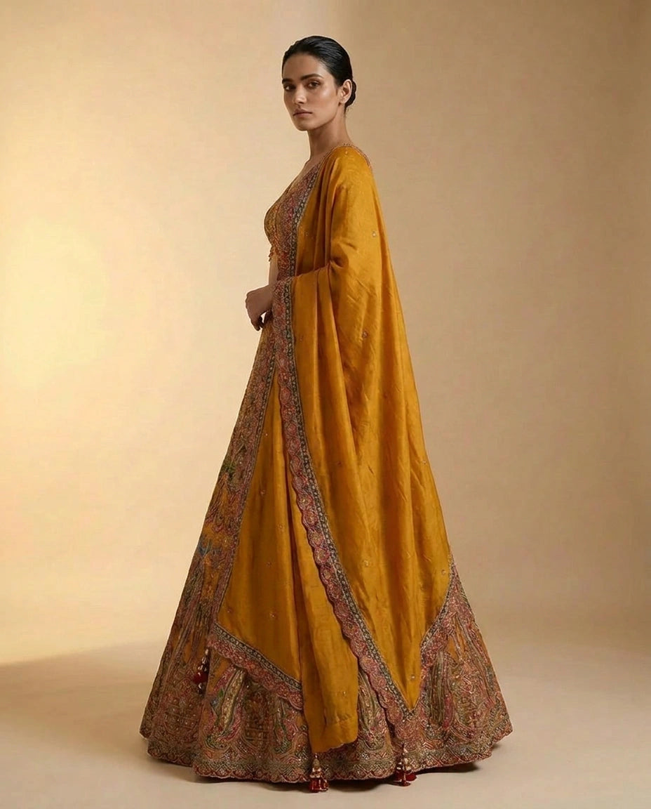 Raw Silk Croptop Lehenga with Hand Embroidered Bodice for Women - Rangoli India
