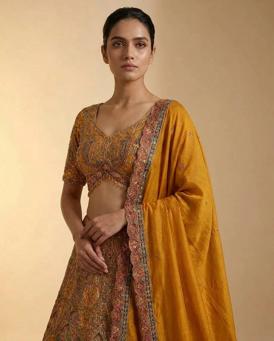 Raw Silk Croptop Lehenga with Hand Embroidered Bodice for Women - Rangoli India
